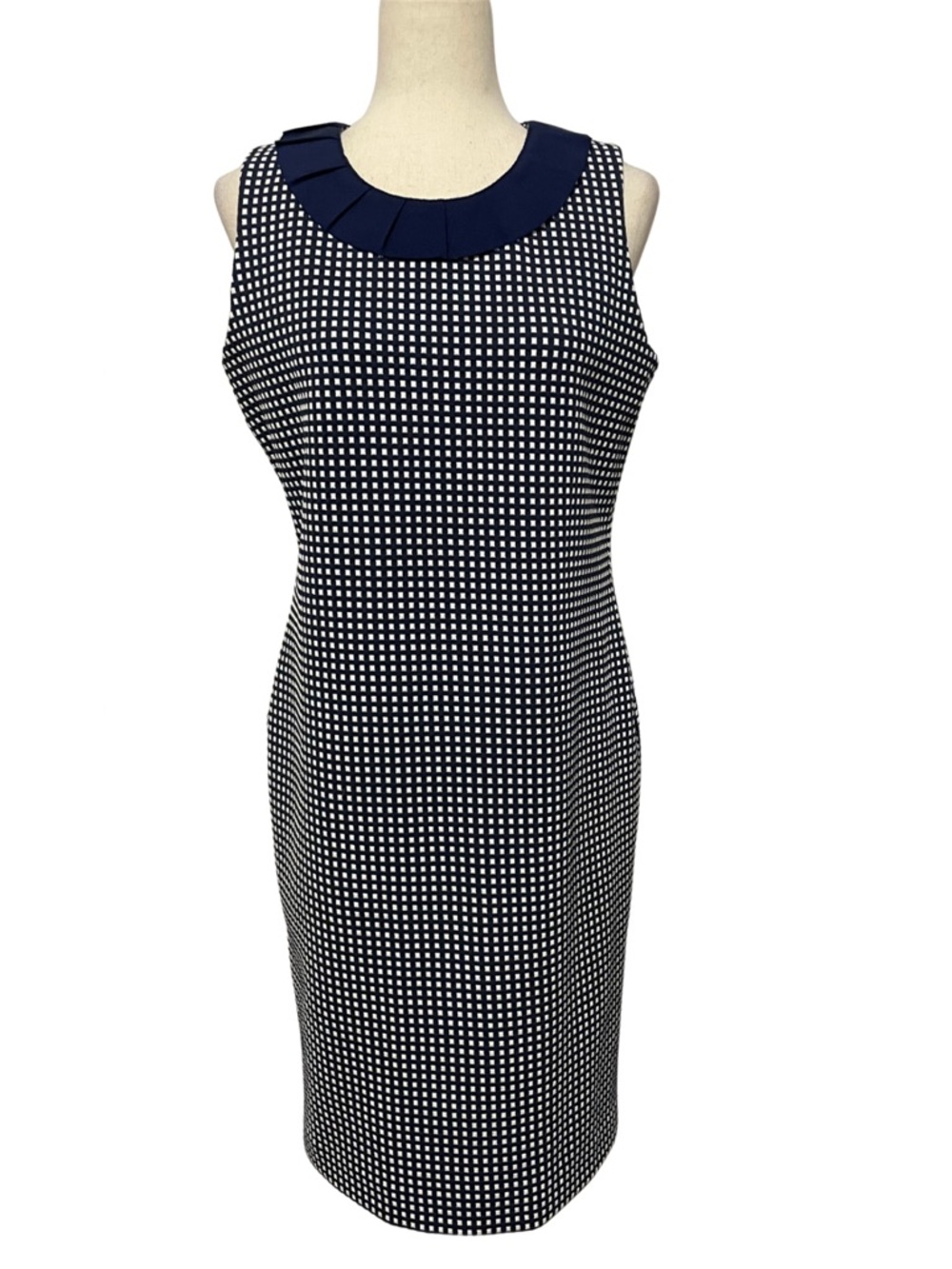 Sara Campbell Navy White Checkered Pleated Collar Sheath Dress M